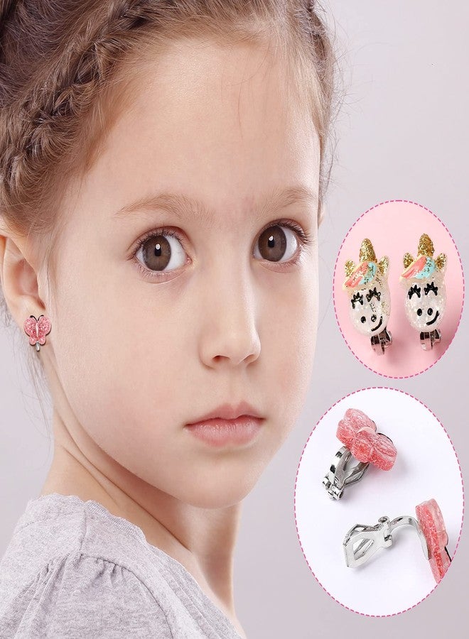 Wingchold Unicorn Clip On Earrings for Little Girls, Bling Butterfly and Strawberry Earrings, Toddler Girls Dress Up Jewelry, 6 Pairs, Best Gift-C - Image 4
